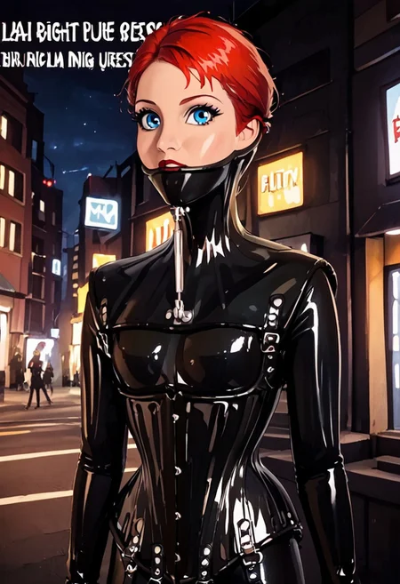80s movie poster, Movie Poster title Text:"Death Quest 3" , Felecia Manning (fictional character) , a cute young woman, short bright red hair, blue eyes, in black leather bodysuit, long sleeves, black rubber gloves, corset, HW_Corset, posturecollar, city streets night.