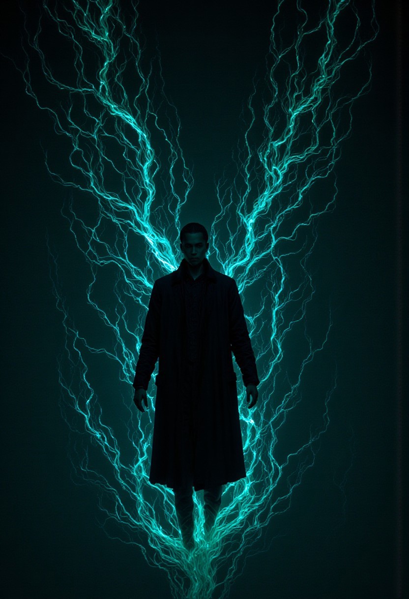 From above, Neo lies still on the glowing surface of a neon-lit river, his trench coat fanning out like a dark halo. The water ripples slightly, reflecting electric blues and greens that pulse as though alive, casting faint shadows across his serene face. The world around him fades into an infinite void of light and motion. (b74_aes, mythp0rt)