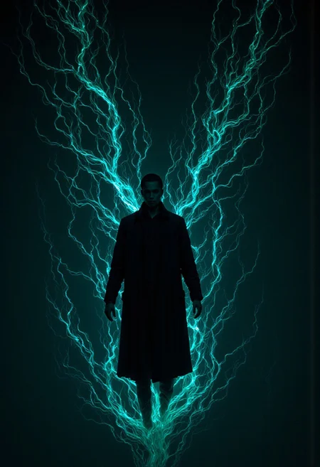 From above, Neo lies still on the glowing surface of a neon-lit river, his trench coat fanning out like a dark halo. The water ripples slightly, reflecting electric blues and greens that pulse as though alive, casting faint shadows across his serene face. The world around him fades into an infinite void of light and motion. (b74_aes, mythp0rt)