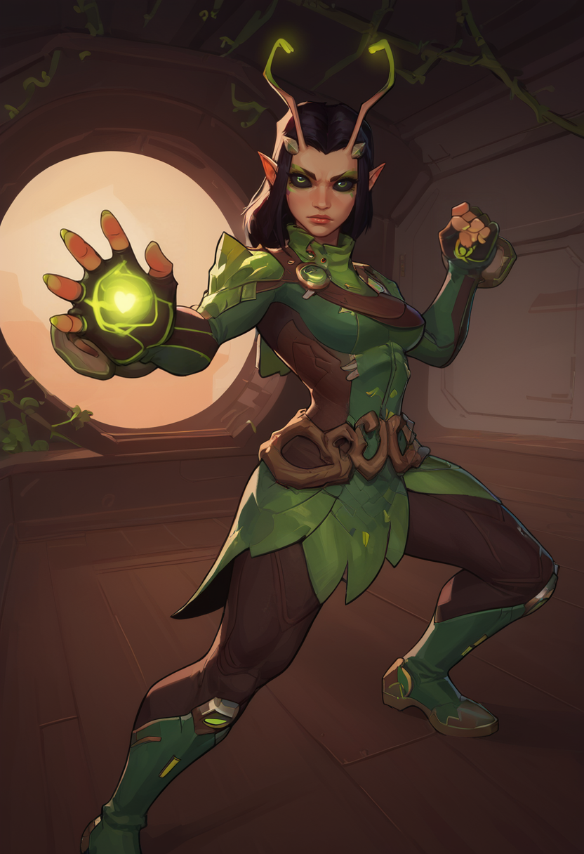 score_9, score_8_up, score_7_up, score_6_up, expressiveh, mantis_rivals, green details, 1girl, solo, black and green clothes, antennae, medium hair, ponytail, black hair, bodysuit, hand equipment, fingerless gloves, pointy ears, vines, nail polish, green nail polish, green sleeves, green cowl, black pants, boots, green footwear, makeup, black eyes, looking at viewer, spaceship, spaceship interior, detailed background, dynamic pose, dynamic angle, black sclera, futuristic background, futuristic monitors, monitors on background, action pose, dynamic, action scene, green orb, green effects, fierce expression, dutch angle, <lora:Smooth Style 2 SDXL_LoRA_Pony Diffusion V6 XL:0.3> <lora:incase-ilff-v3-4:0.8> <lora:AsuraLycoXL:0.4> <lora:Mantis_Marvel_Rivals_-_PonyXL:0.6>
