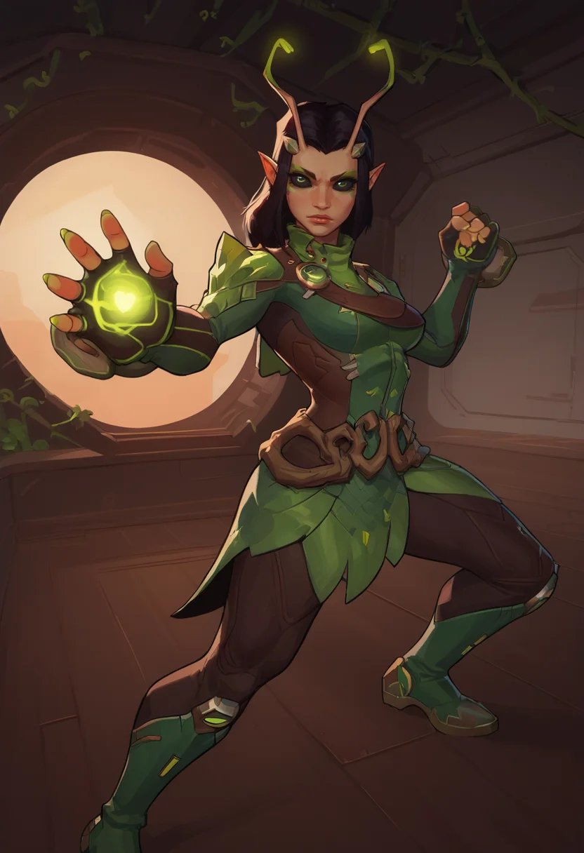 score_9, score_8_up, score_7_up, score_6_up, expressiveh, mantis_rivals, green details, 1girl, solo, black and green clothes, antennae, medium hair, ponytail, black hair, bodysuit, hand equipment, fingerless gloves, pointy ears, vines, nail polish, green nail polish, green sleeves, green cowl, black pants, boots, green footwear, makeup, black eyes, looking at viewer, spaceship, spaceship interior, detailed background, dynamic pose, dynamic angle, black sclera, futuristic background, futuristic monitors, monitors on background, action pose, dynamic, action scene, green orb, green effects, fierce expression, dutch angle, <lora:Smooth Style 2 SDXL_LoRA_Pony Diffusion V6 XL:0.3> <lora:incase-ilff-v3-4:0.8> <lora:AsuraLycoXL:0.4> <lora:Mantis_Marvel_Rivals_-_PonyXL:0.6>