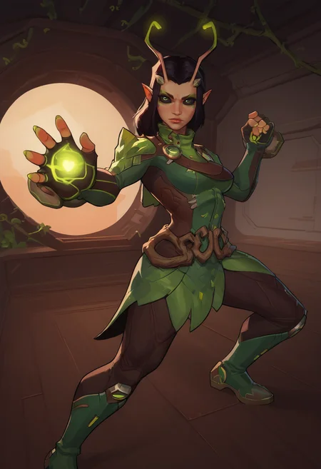 score_9, score_8_up, score_7_up, score_6_up, expressiveh, mantis_rivals, green details, 1girl, solo, black and green clothes, antennae, medium hair, ponytail, black hair, bodysuit, hand equipment, fingerless gloves, pointy ears, vines, nail polish, green nail polish, green sleeves, green cowl, black pants, boots, green footwear, makeup, black eyes, looking at viewer, spaceship, spaceship interior, detailed background, dynamic pose, dynamic angle, black sclera, futuristic background, futuristic monitors, monitors on background, action pose, dynamic, action scene, green orb, green effects, fierce expression, dutch angle, <lora:Smooth Style 2 SDXL_LoRA_Pony Diffusion V6 XL:0.3> <lora:incase-ilff-v3-4:0.8> <lora:AsuraLycoXL:0.4> <lora:Mantis_Marvel_Rivals_-_PonyXL:0.6>