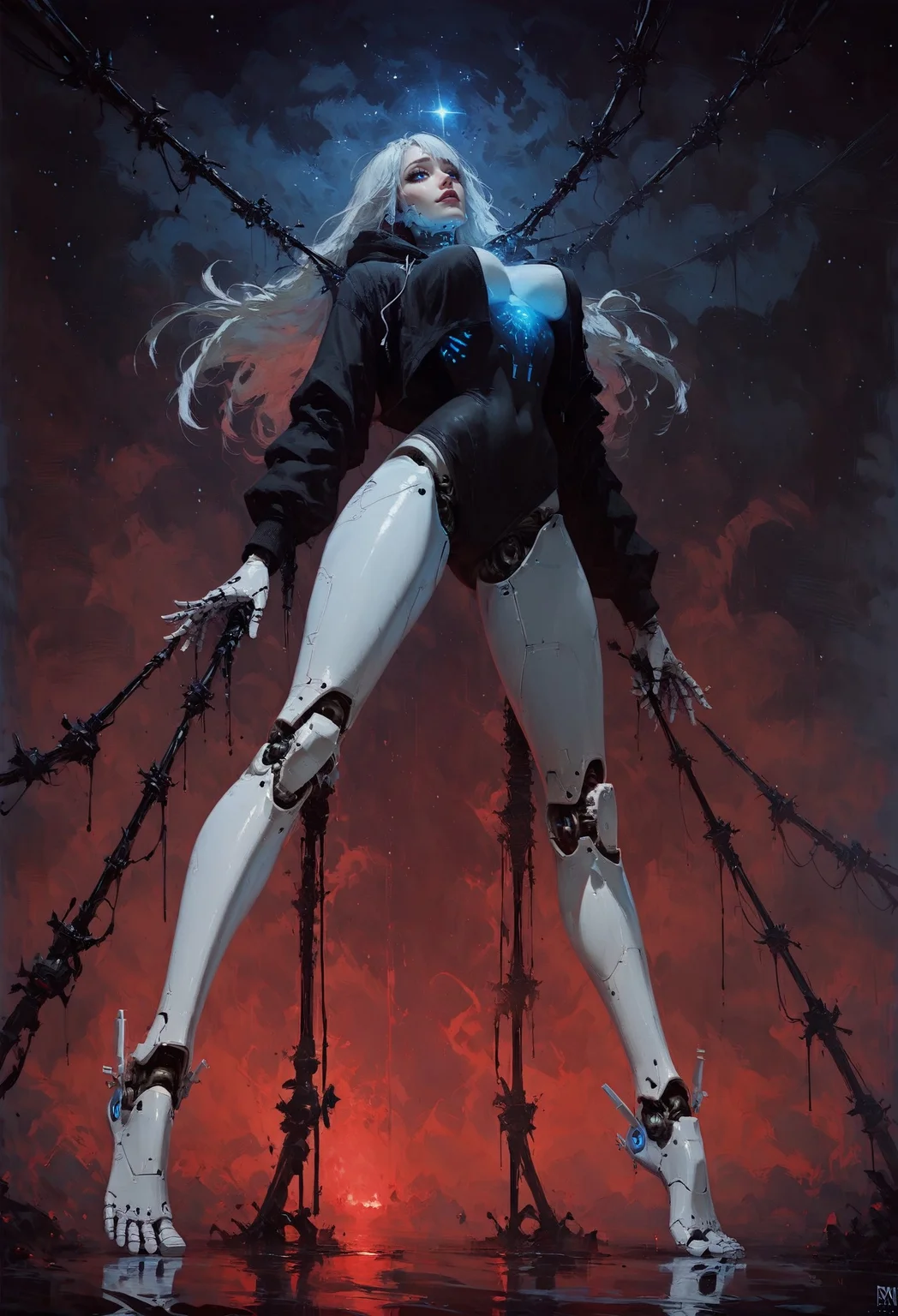 score_9, score_8_up, score_7_up, robot girl, (robot joints, intervention unit, very complex robot, glowing chest:1.2), full body, standimg, view from below, mechanical toes, solo, white long hair, large breasts, bangs, arched back, dark eyes, too tight burgundy hoodie, provocative, cosmic background, cables and wires everywhere, smirk, red theme, covered face <lora:pony/twilight_style:0.8> <lora:pony/expressiveh:0.8> expressiveh <lora:pony/vixon_gothic_oil_style:0.7> d4rk01l