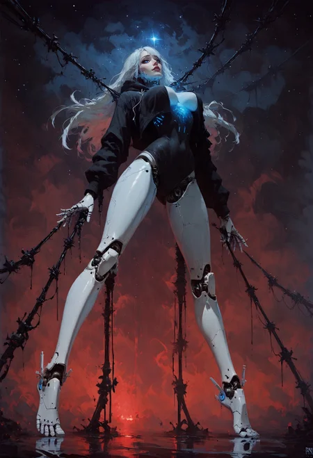 score_9, score_8_up, score_7_up, robot girl, (robot joints, intervention unit, very complex robot, glowing chest:1.2), full body, standimg, view from below, mechanical toes, solo, white long hair, large breasts, bangs, arched back, dark eyes, too tight burgundy hoodie, provocative, cosmic background, cables and wires everywhere, smirk, red theme, covered face <lora:pony/twilight_style:0.8> <lora:pony/expressiveh:0.8> expressiveh <lora:pony/vixon_gothic_oil_style:0.7> d4rk01l