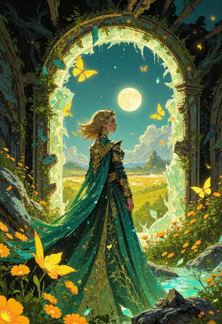 masterpiece, high-quality, A mystical elven queen stands beneath a luminous archway of crystalline vines, captured from a tilted side view that highlights the dynamic interplay of light and shadow across her shimmering emerald and gold gown. Her short, golden hair is crowned with radiant ornaments resembling falling stars, and her serene expression radiates quiet power. Around her, glowing moths drift lazily through the misty air, their wings leaving faint trails of light that ripple through the hyperdetailed reflections on the crystalline ground. Behind her, an endless meadow of bioluminescent flowers stretches toward a surreal twilight horizon where two massive, glowing moons hover in perfect stillness., <lora:FLUX\FLUX-daubrez-DB4RZ:0.3> <lora:FLUX\ArcaneFGTNR:0.5> <lora:FLUX\VividlySurrealApex:0.6> <lora:FLUX\Anime v1.3:0.5>