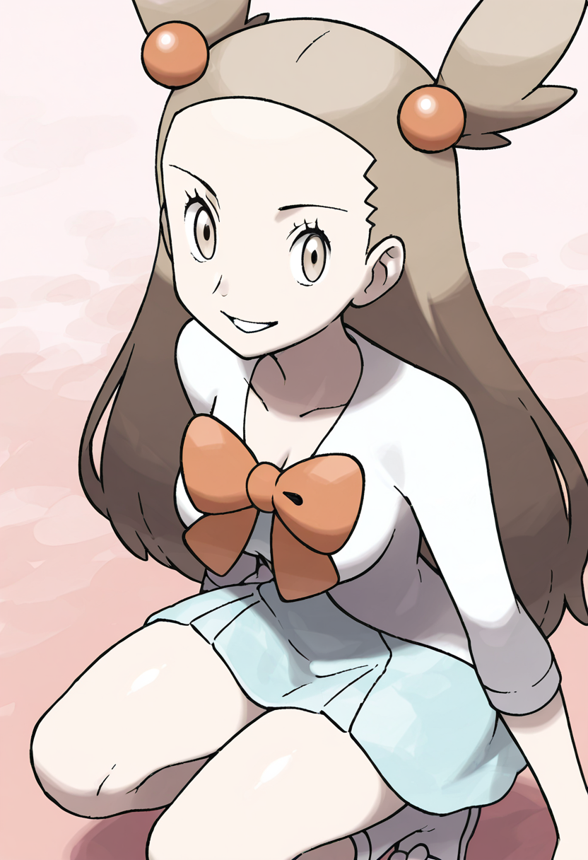 masterpiece, best quality, 1girl, solo, eyelashes, (beautiful eyes), shiny skin, looking at viewer, smile, aged up, large breasts,  zzJasmine, brown eyes, hair bobbles, hair ornament, light brown hair, two side up, long hair, forehead,  white cardigan, green dress, orange bow, sleeves past elbows,  <lora:JasminePokemon_IXL_v2:1.0>, crouching, looking up, dynamic angle, cowboy shot, looking at viewer,