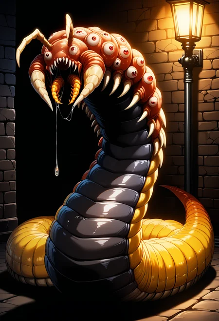best quality, masterpiece, anime_screencap, hi res, best_quality, very aesthetic, absurdres, 8k, emst, no humans, worm, sharp teeth, mucus, spikes, animal focus, full body, extra eyes, scales, antennae, centipede, eyeball tentacles, tentacle creature, saliva,, fantasy, beautiful lighting, ray traced, dungeon, dim lighting, shadow, dark