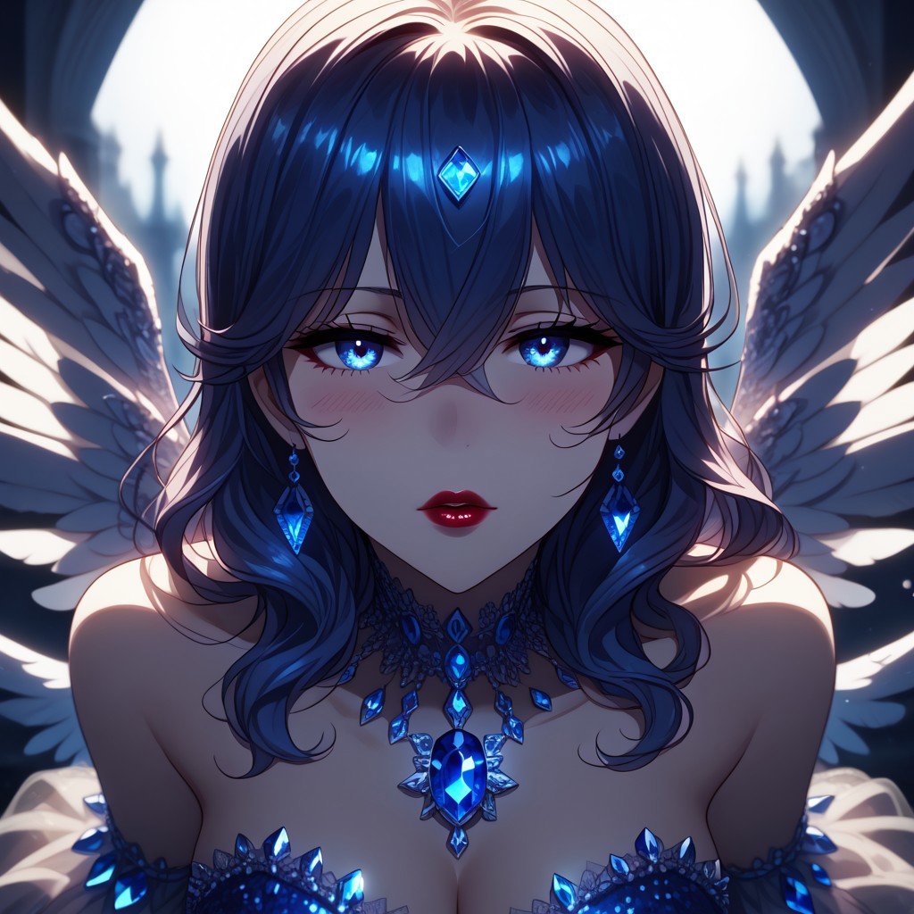 1girl, solo focus, Misae Suzuhara, hair between eyes, dark blue hair, blue eyes, depth of field, blurry background, pov, imminent kiss, full lips, face focus, zoomed in, (closeup of face:1.3), extreme closeup, lip focus, half-closed eyes, lace overlay dress, sapphire dress, lace-trimmed dress, sapphire crystals, sapphire \(gem\), jewelry, ruby red lipstick, sparkle, glitter, chromatic abberation, blush, lace trim, see-through cleavage, sleeveless, detached collar, sapphire necklace, bathed in sunlight, angel wings, feathers, outdoors