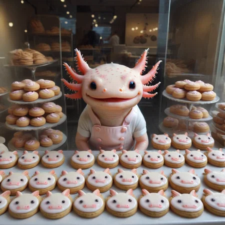 <lora:lora:1>cookie art design, <lora:Axomodelv2.1:1> delicious cute axolotl cookies in a bakery display , <lora:add-detail-xl:1>, high definition photograph, depth of field, cookie art design, cookie,(flat art),