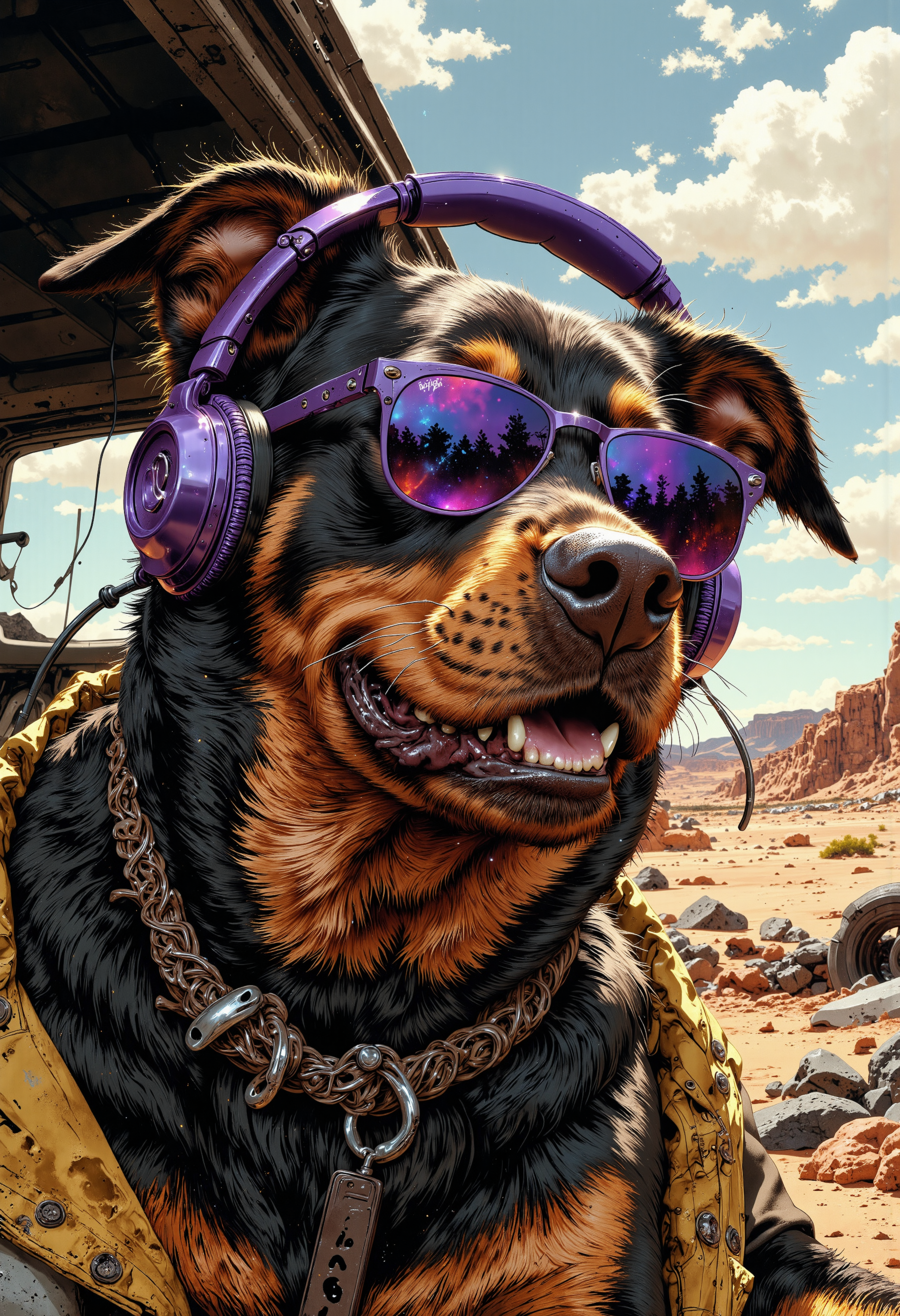 In a sunlit desert, full of wind and dust, a girl taking a selfie with her cheerful rottweiler dog adorned in vibrant purple big headphones and rayban aviator sun glasses sits on a wrecked car, its ears perked up in playful anticipation. The dog's shiny coat glistens in the warm rays of the sun, highlighting its playful energy. Nearby, only desolation and ruins. The headphones, very oversized and colorful, contrast strikingly with the dogâs fur, and they rest comfortably over its ears as it tilts its head curiously, seemingly out tune with the atmosphere around it. The overall aesthetic is hyperrealistic, emphasizing intricate details like the play of light on the plastic and the texture of his fur., f4nt4st1c<lora:Flux/Fantastic Realism - s0_8 g4.safetensors:0.8:0.8> <lora:Flux/MysticFantasy.safetensors:1.0:1.0>