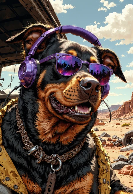 In a sunlit desert, full of wind and dust, a girl taking a selfie with her cheerful rottweiler dog adorned in vibrant purple big headphones and rayban aviator sun glasses sits on a wrecked car, its ears perked up in playful anticipation. The dog's shiny coat glistens in the warm rays of the sun, highlighting its playful energy. Nearby, only desolation and ruins. The headphones, very oversized and colorful, contrast strikingly with the dogâs fur, and they rest comfortably over its ears as it tilts its head curiously, seemingly out tune with the atmosphere around it. The overall aesthetic is hyperrealistic, emphasizing intricate details like the play of light on the plastic and the texture of his fur., f4nt4st1c<lora:Flux/Fantastic Realism - s0_8 g4.safetensors:0.8:0.8> <lora:Flux/MysticFantasy.safetensors:1.0:1.0>