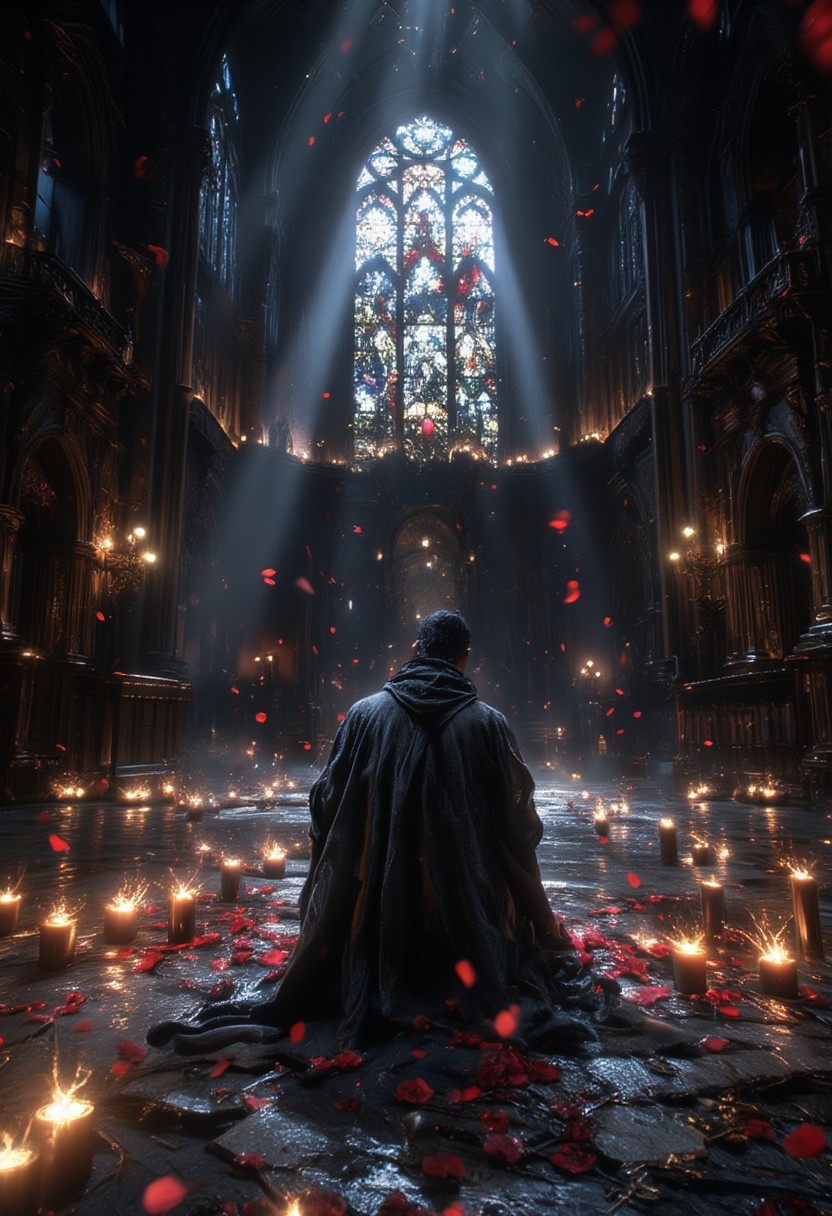 The image depicts the majestic interior of a Gothic cathedral with a stained glass window through which rays of light shine. The light illuminates a figure in a black cloak sitting on the floor with his back to the viewer. Rose petals lie around and numerous candles are burning, creating a mystical and solemn atmosphere