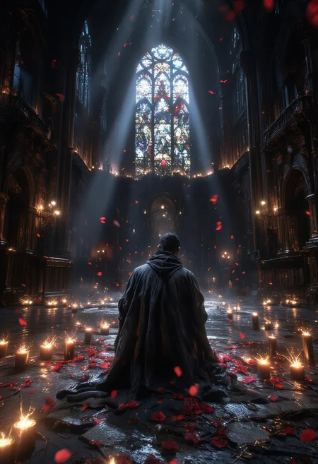 The image depicts the majestic interior of a Gothic cathedral with a stained glass window through which rays of light shine. The light illuminates a figure in a black cloak sitting on the floor with his back to the viewer. Rose petals lie around and numerous candles are burning, creating a mystical and solemn atmosphere