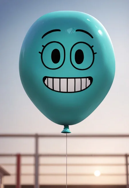 Alan Keane, teal skin, 1boy, solo, no humans, balloon, black eyes, grin, smile, looking at viewer