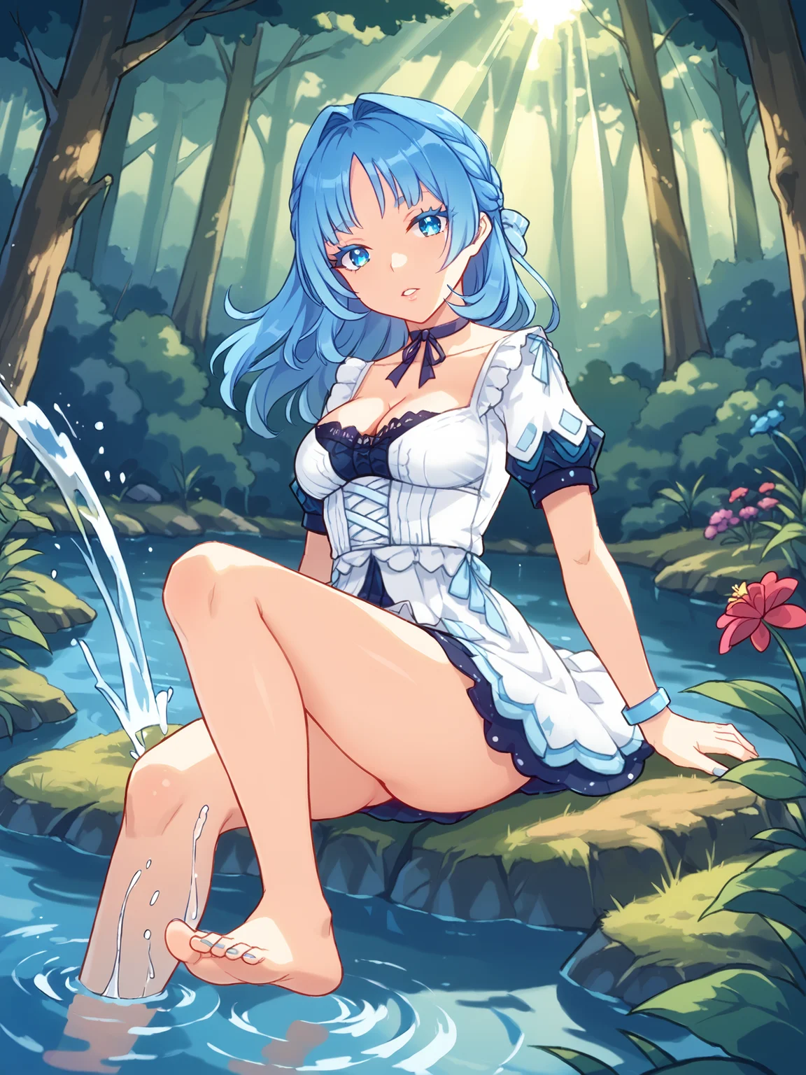 score_9, score_8_up, score_7_up, source_anime, BREAK
(detailed face, detailed eyes, portrait, closeup:1.5), (beautiful forest garden, perfect lighting, god rays, bloom:1.5), outdoors, daytime,(head tilt:1.5), (looking at viewer:1.5), waterfall, river, teeth, pov, parted lips, (bare legs, bare feet:1.5), (feet in water, kicking water, splash:1.3), sitting on rock by river, lifting skirt, skirt tug, from above, (perspective, dutch angle:1.3), BREAK
<lora:Genshin_NPC_MaryAnn_Pony_v1:0.8>, (long eyelashes, thick eyelashes:1.5), 1girl, solo, shiny hair, blue hair, shiny blue eyes, blue nails, nail polish, toenail polish, bow, ribbon, jewelry, collarbone, cleavage, choker, medium hair, puffy white sleeves, short sleeves, white dress, (frills, lace:1.5), french braid, bracelet, hair intakes, medium breasts, lips,