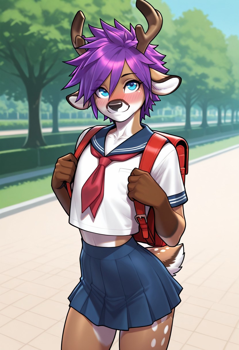 1boy, solo, otoko no ko, femboy, furry male, deer man, ears, tail, blue eyes, narrow waist, purple hair, short hair, spiky hair, 
looking up, blushing, smile, looking at viewer, backpack, school uniform, miniskirt, upper body focus, park,
perfect face, gorgeous face, flawless, 
 masterpiece, high quality, Gideon, 91d30n,