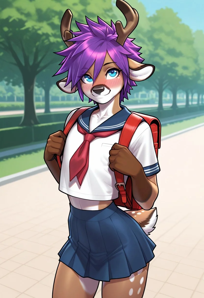 1boy, solo, otoko no ko, femboy, furry male, deer man, ears, tail, blue eyes, narrow waist, purple hair, short hair, spiky hair, 
looking up, blushing, smile, looking at viewer, backpack, school uniform, miniskirt, upper body focus, park,
perfect face, gorgeous face, flawless, 
 masterpiece, high quality, Gideon, 91d30n,