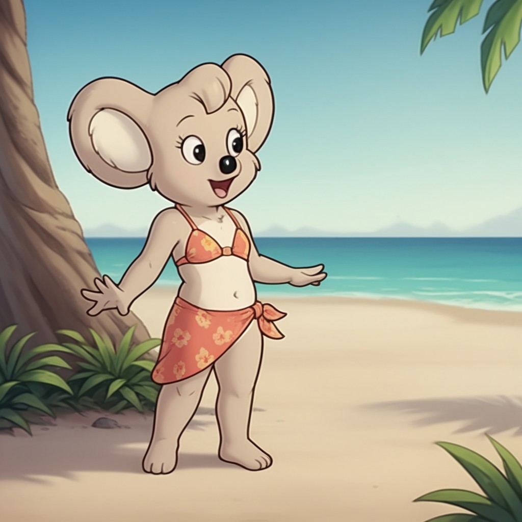 score_9, score_8_up, score_7_up, score_6_up, score_5_up, score_4_up, source_furry, Nutsybbv2, semi-anthro, female, Koala, tan fur,  barefoot, sarong pass bikini, at the beach, happy