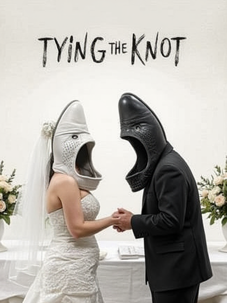 romantic movie poster, featuring an angry wedding couple with shoe faces, and their mouths open wide. Title reads "TYING THE KNOT" in a large script font. White wedding shoe face woman wearing a bride's dress, and a black leather shoe face wearing a tuxedo, standing at the altar, screaming at each other.
