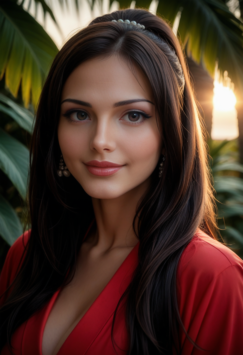 score_9, score_8_up, score_7_up, Patricia Araujo, Patricia4r4ujo, <lora:Patricia4r4ujo-000008-pony:1>,    cinematic, ultra detailed, portrait, 1girl, makeup, lips, long hair, high ponytail, bangs, dark hair, big lips, wearing red kimono, tropical, ascott, solo, looking at viewer, bokeh, focus, film, velvia, artistic, best quality, photograph, focus, face focused, magic hour, photography, warm light, sunset, movie still,