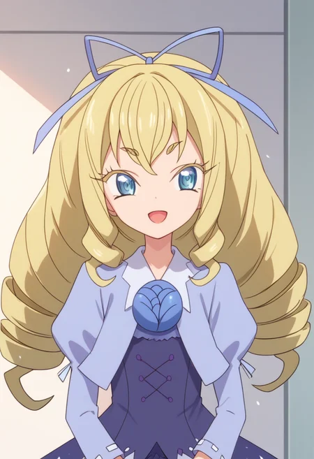 score_9, score_8_up, score_7_up, score_6_up, score_5_up, BREAK
jplaura, blonde hair, long hair, blue eyes, hair ribbon, drill hair, open mouth, thick eyebrows, purple dress, puffy sleeves, smile