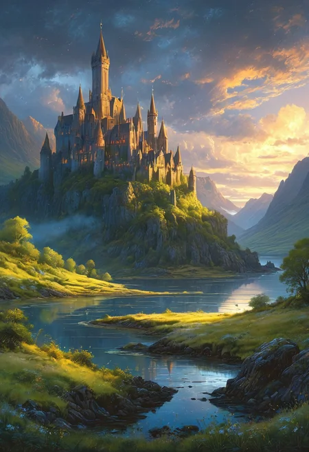 (by Ellen Jewett:1.5), (Bioluminescent Impressionism,) A captivating night scene illustration featuring a beautiful castle on a large hill overlooking a lake in the highlands of Scotland. The castle is ancient but well maintained and updated and comfortable to live in. This enchanting artwork captures a serene and peaceful early morning, where the sun is just starting to rise over the beautiful highlands and castle which stands resolute amidst highlands, creating a cinematic experience., illustration, cinematic
<lora:DonM3t3rn1tyXL-v1.1:0.7>, DonM3t3rn1tyXL,
OverallDetailXL <lora:MJ52:0.3> <lora:SDXLFaeTastic2400:0.4> <lora:EpicF4nta5yXL:0.7><lora:add-detail-xl:1> <lora:RMSDXL_Creative:2>*Channel_42* ral-wlfnte, PEAnimeBG, scenery
