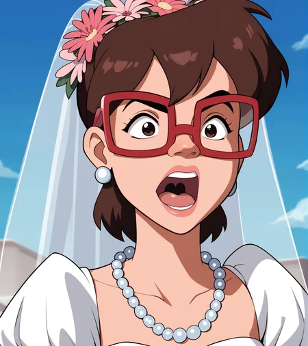score_9, score_8_up, score_7_up,
irma, wearing white wedding dress, glasses, angry, open mouth, top teeth, outdoors, pearl necklace, pink flowers in hair, blue sky background <lora:Irma_Langenstein:1>