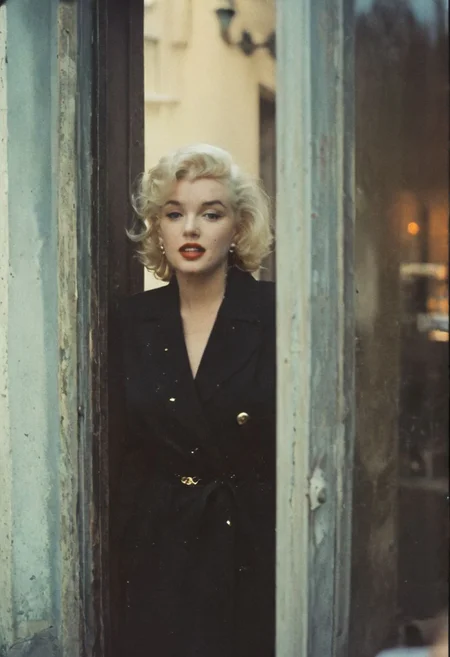 a street photography snapshot of Marylin Monroe standing in a doorway, shallow depth of field, highly detailed, bokeh, film grain, ward winning photo