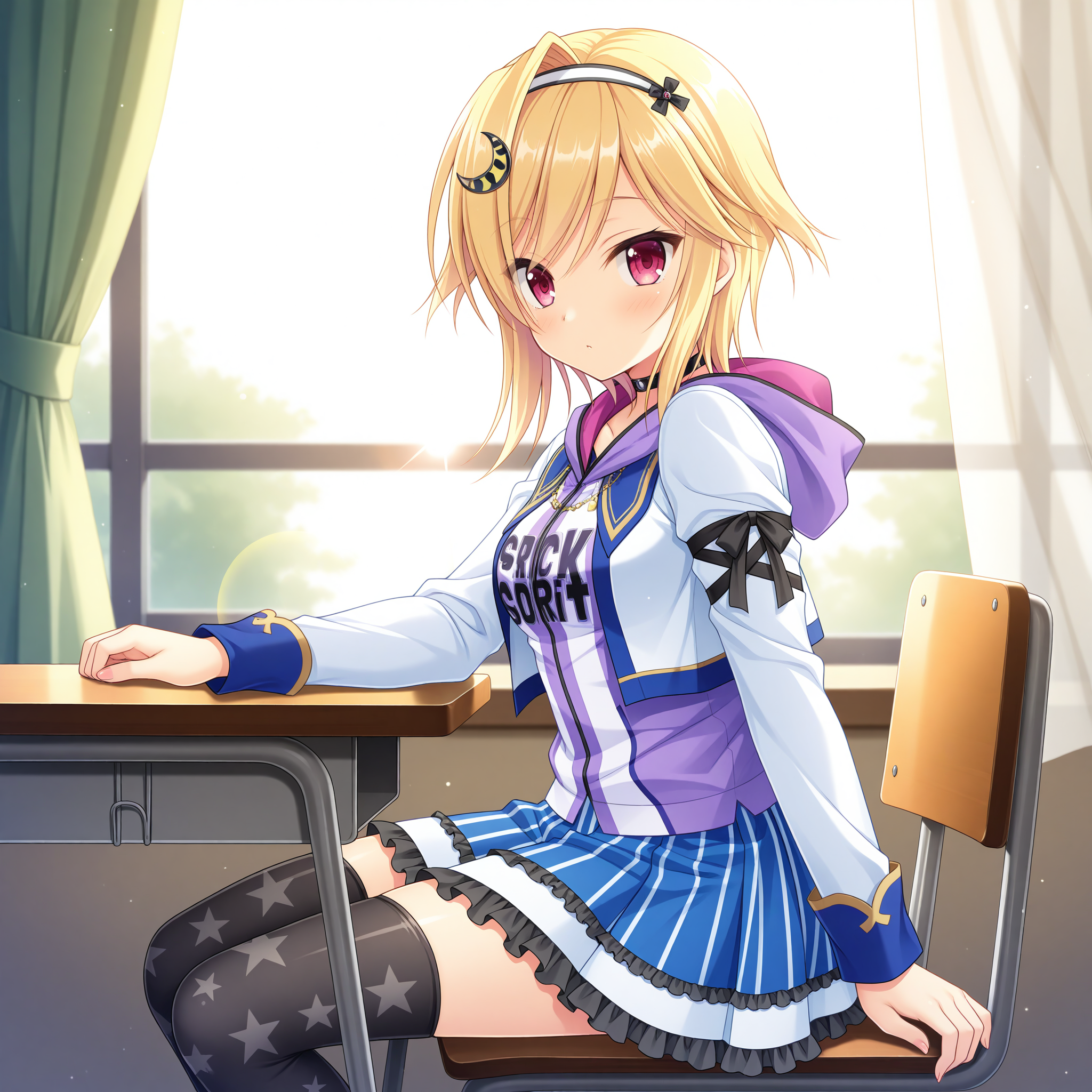 <lora:Souma_Ria_1_nai-000039:1>,Souma Ria,
black hairband,crescent hair ornament,school uniform,official outfit,miniskirt,long sleeves,black thighhighs,blue skirt,frilled skirt,black choker,black bow,black ribbon,vertical-striped clothes,cropped jacket,white jacket,clothes writing,striped skirt,open jacket,blue jacket,purple jacket,purple hood,print thighhighs,white hairband,star print,black frills,arm ribbon,
BREAK
1girl,solo,looking at viewer,sitting,from side,arm support,on chair,desk,indoors,window,curtains,day,arm on table,depth of field,lens_flare,