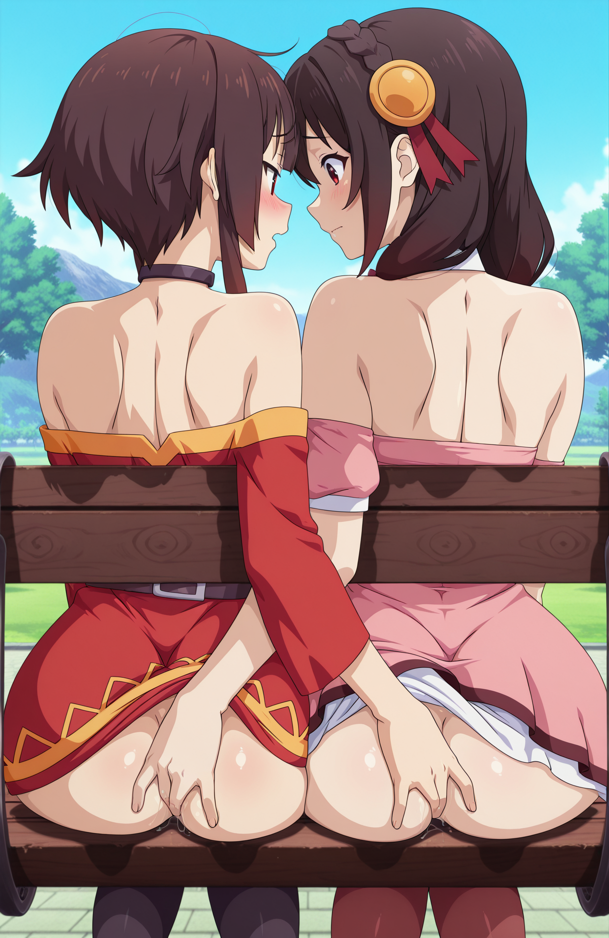 masterpiece,best quality,amazing quality,very aesthetic, absurdres, highres, newest, anime screencap, anime coloring,2girls, <lora:mutual_ass_grab_illustrious:0.5> mutual-ass-grab,fingering,sitting, bench,
BREAK, megumin \(konosuba\), red eyes,megumin clothes,
BREAK, yunyun \(konosuba\), red eyes,yunyun clothes,