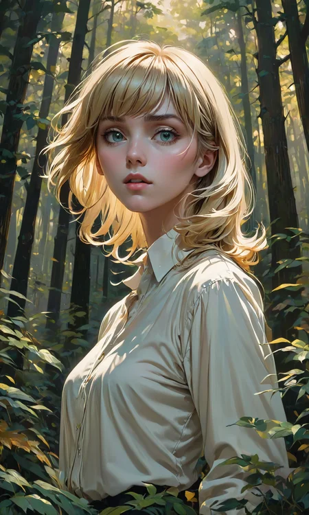 The most beautiful androgynous person ever, blonde hair with bangs alone, wearing a white shirt in a dark green and gold forest at dusk by Artgerm and Greg Rutkowski and Alphonse Mucha and Craig Mullins, James Jean, Andrey Ryabovichev, Mark Simonetti and Peter Morbacher 16k resolution. Realistic artwork with <lora:Fast:0.15>
