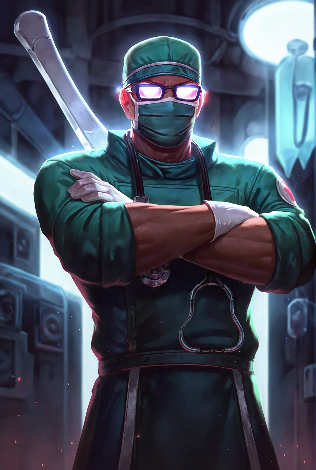 score_9,score_8_up,score_7_up,male focus,ultra-detailed,high resolution,digital painting,8k,1boy,solo,cowboy shot,male focus,detailed face,gloves,mask,hat,mouth mask,glasses, glowing glasses,uniform,green headwear, weapon,standing,crossed arms,<lora:add-detail-xl:1>,<lora:Surgeon Shen:0.8>,surge0n shen,