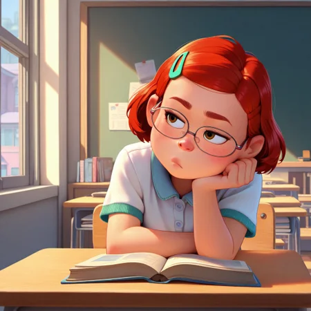 best quality, masterpiece, by pixar, pixar style, solo, mei_tr, red hair, short hair, hairclip, glasses, brown eyes, head rest, sitting, classroom, book, bored
