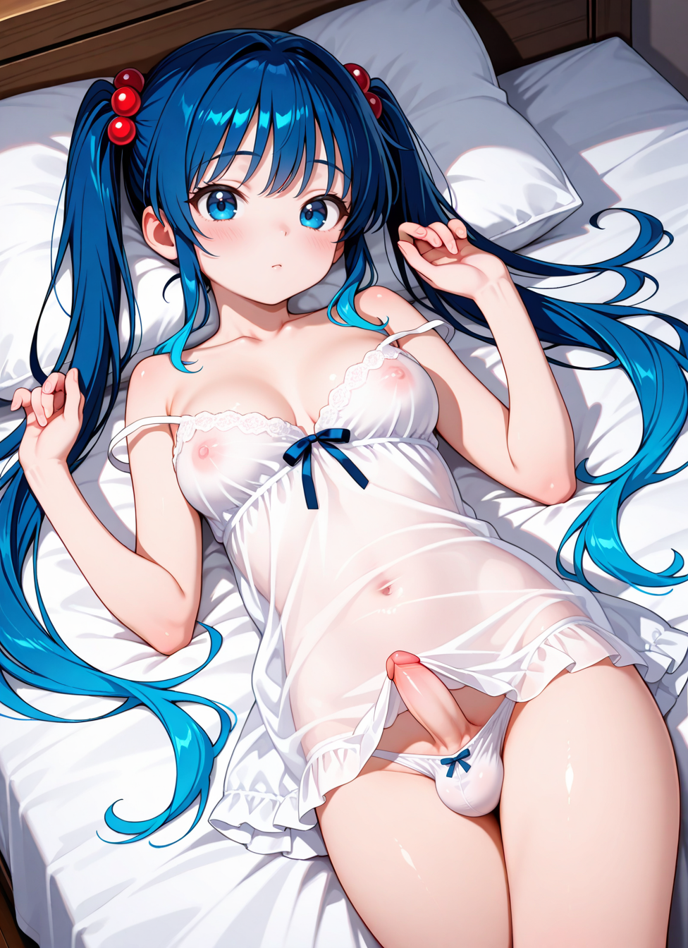 1girl, solo, futa, chemise, strap slip, see-through, bare shoulders, collarbone, thighs, indoors, bed, bed room, on back, on bed, blush, cowboy shot, dutch angle, 1boy, male focus, futa, medium breasts, solo, white panties, (tiny flaccid penis testicles bulge:1), momoka sagara, long hair, hair ornament, twintails, very long hair, blue hair, blue eyes, <BREAK> , masterpiece, best quality, absurdres, highres, very aesthetic, high quality, detailed, insanely detailed, beautiful, very awa