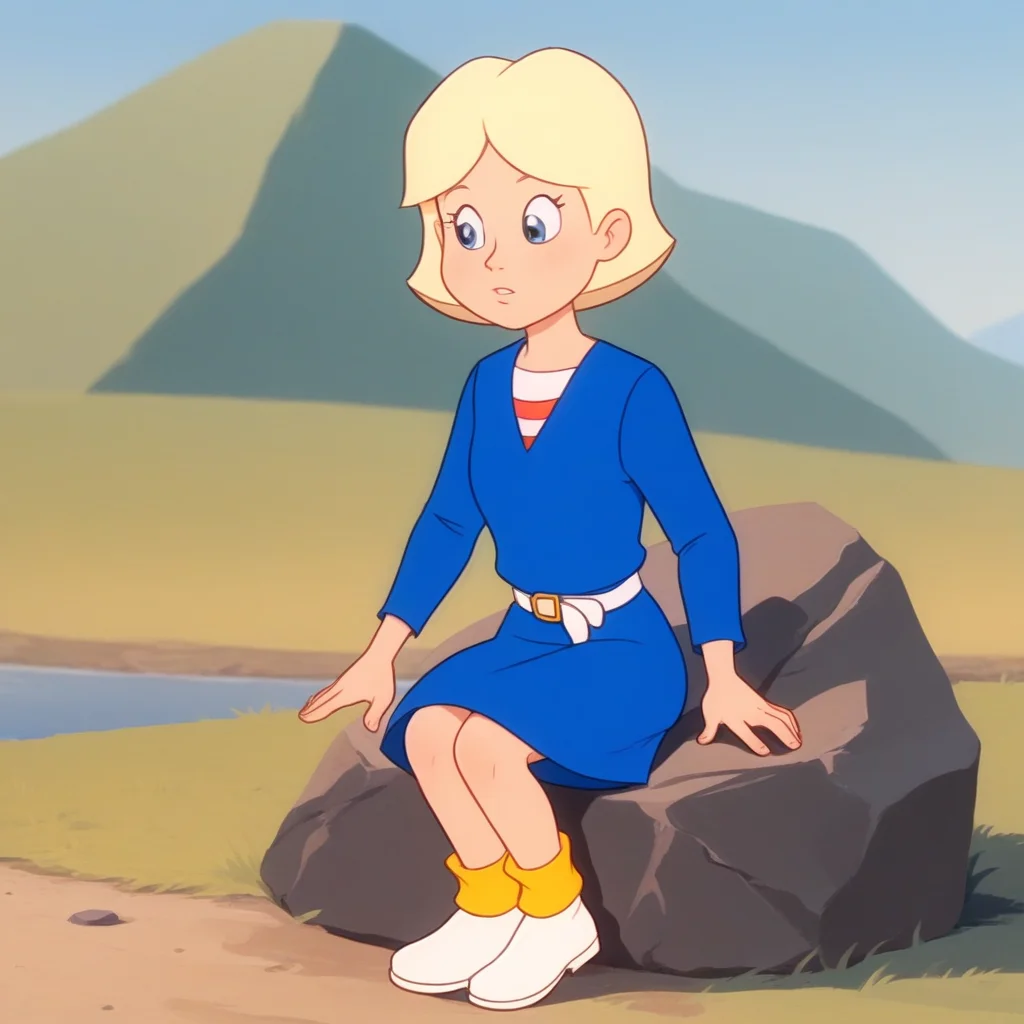 score_8_up, BREAK, JillSmith, 1girl, solo, short hair, blonde hair, blue eyes, blue dress, long sleeves, white belt, striped shirt, yellow buckle, white footwear, yellow socks, <lora:JillSmith_MPM_PXL_Leaf2:1>, sitting on rock, outdoors, arms at sides,