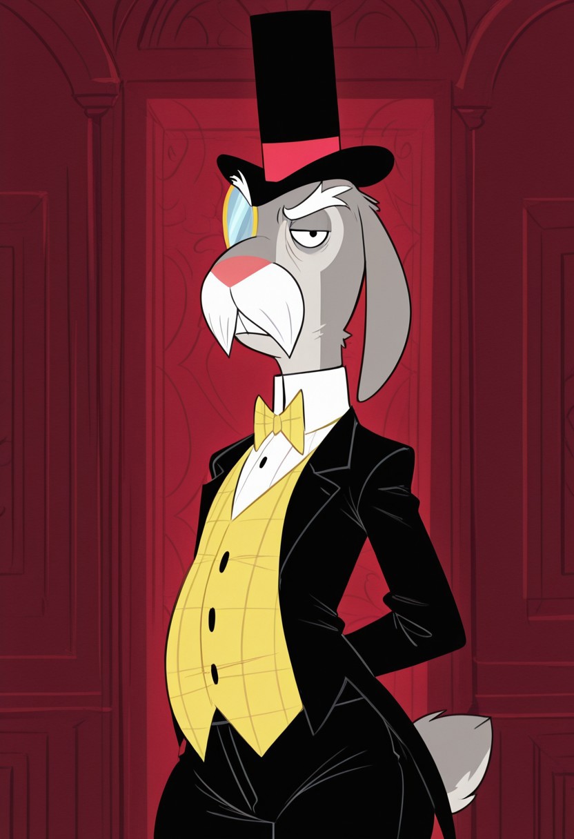 masterpiece, best quality, amazing quality, very aesthetic, absurdres, newest,  high quality, detailed, male, solo male, MrHerriman, 1boy, mature male, male, chubby, anthro, rabbit, grey fur, floppy ears, black eyes, mustache, bushy eyebrows, facial hair, tuxedo jacket, top hat, monocle, formal, looking at viewer, half lidded eyes, stern expression, indoors, office, half body, broad shoulders, mature,  volumetric lighting, standing, cowboy shot, black pants, thick thighs, wide hips, pecs