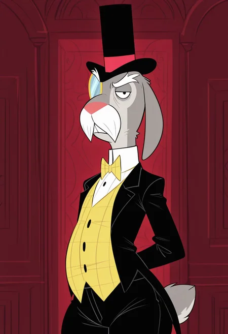 masterpiece, best quality, amazing quality, very aesthetic, absurdres, newest, high quality, detailed, male, solo male, MrHerriman, 1boy, mature male, male, chubby, anthro, rabbit, grey fur, floppy ears, black eyes, mustache, bushy eyebrows, facial hair, tuxedo jacket, top hat, monocle, formal, looking at viewer, half lidded eyes, stern expression, indoors, office, half body, broad shoulders, mature, volumetric lighting, standing, cowboy shot, black pants, thick thighs, wide hips, pecs