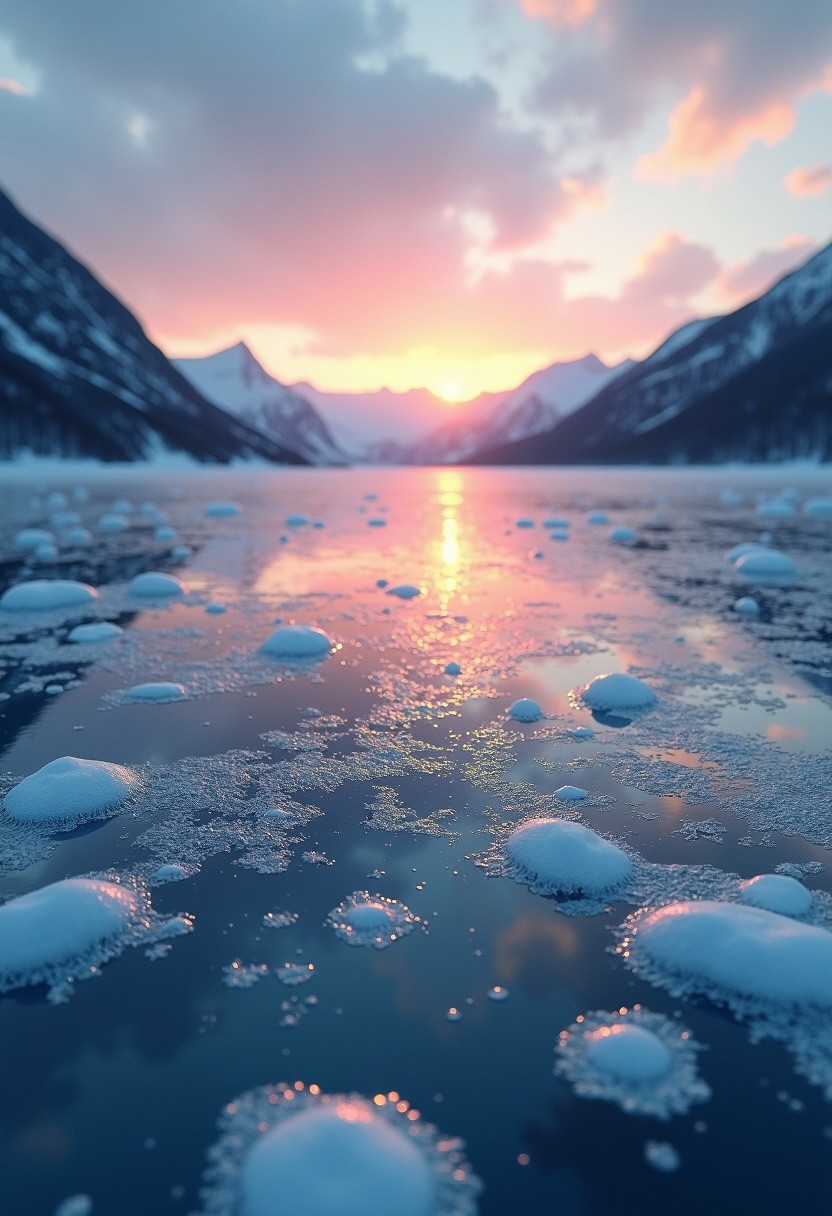 Panoramic twilight scene: Frozen lake's glassy surface reflects soft orange-pink hues as sun sets behind distant mountain range, casting a delicate gradient across the sky. Numerous clear ice bubbles trapped beneath the surface create intricate textures, while surrounding mountains are silhouetted against the fading light. Realistic lighting and photorealistic textures showcase ultra-detailed ice bubble patterns in sharp focus, against a cinematic 8k resolution backdrop.