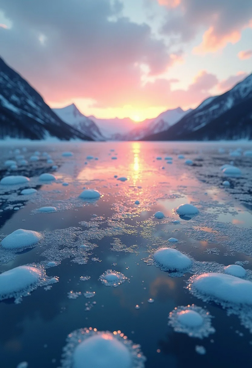 Panoramic twilight scene: Frozen lake's glassy surface reflects soft orange-pink hues as sun sets behind distant mountain range, casting a delicate gradient across the sky. Numerous clear ice bubbles trapped beneath the surface create intricate textures, while surrounding mountains are silhouetted against the fading light. Realistic lighting and photorealistic textures showcase ultra-detailed ice bubble patterns in sharp focus, against a cinematic 8k resolution backdrop.
