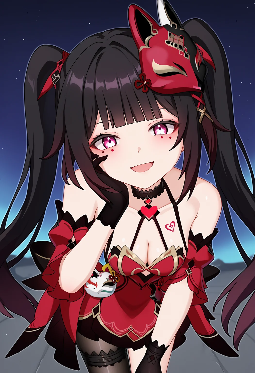 score_9, score_8_up, score_7_up, source_anime,
BREAK
1girl, solo, 
<lora:shiSparkleV2:1.0>, 
shisparklehonkai, 
long hair, black hair, red eyes, multicolored hair, twintails, hair ornament, black fox mask, black choker, 
mole under eye, mole under each eye, 
alternate costume, red and black dress, red dress, bare shoulders, detached sleeves, tattoo, cleavage, 
black gloves, single glove, 
black thighhighs, single thighhigh,asymmetrical legwear, 
looking at viewer, smile, open mouth, crazy eyes, wide-eyed, head tilt, head back, leaning forward, bent over, hand on own face,