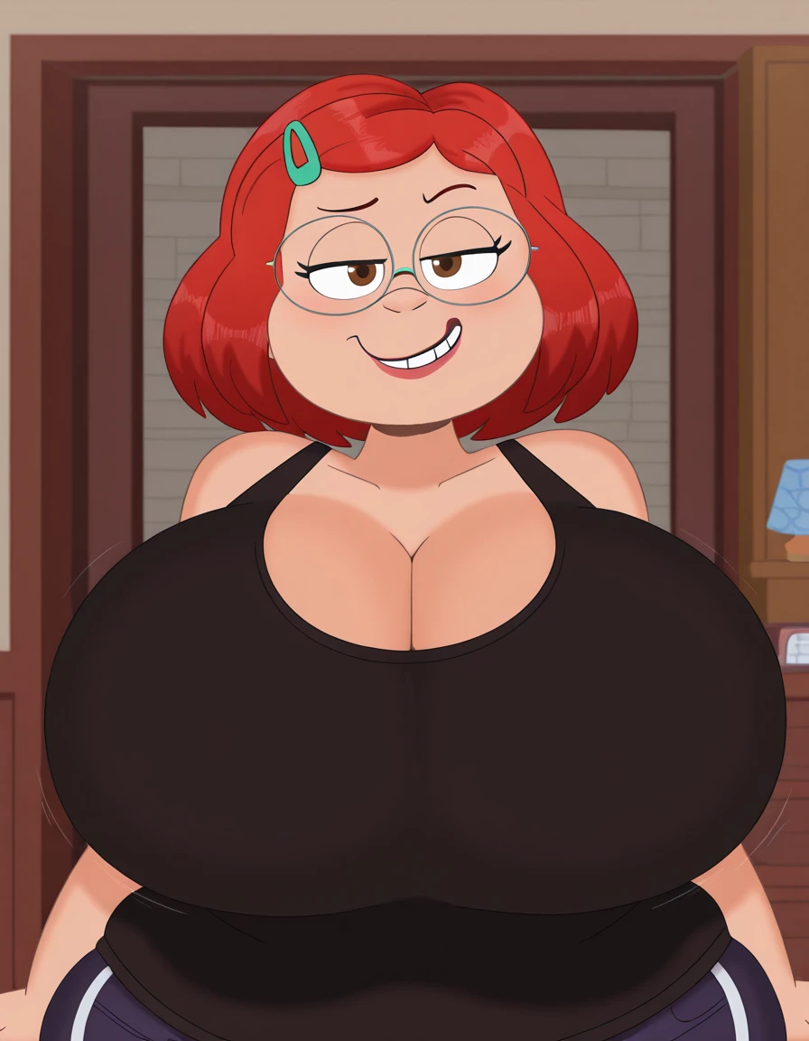 3BArtsStyle, masterpiece, best quality, mei_tr, red hair, short hair, hairclip, glasses, brown eyes, official art, huge breasts, thicc thighs, smirk, looking at viewer, upper body