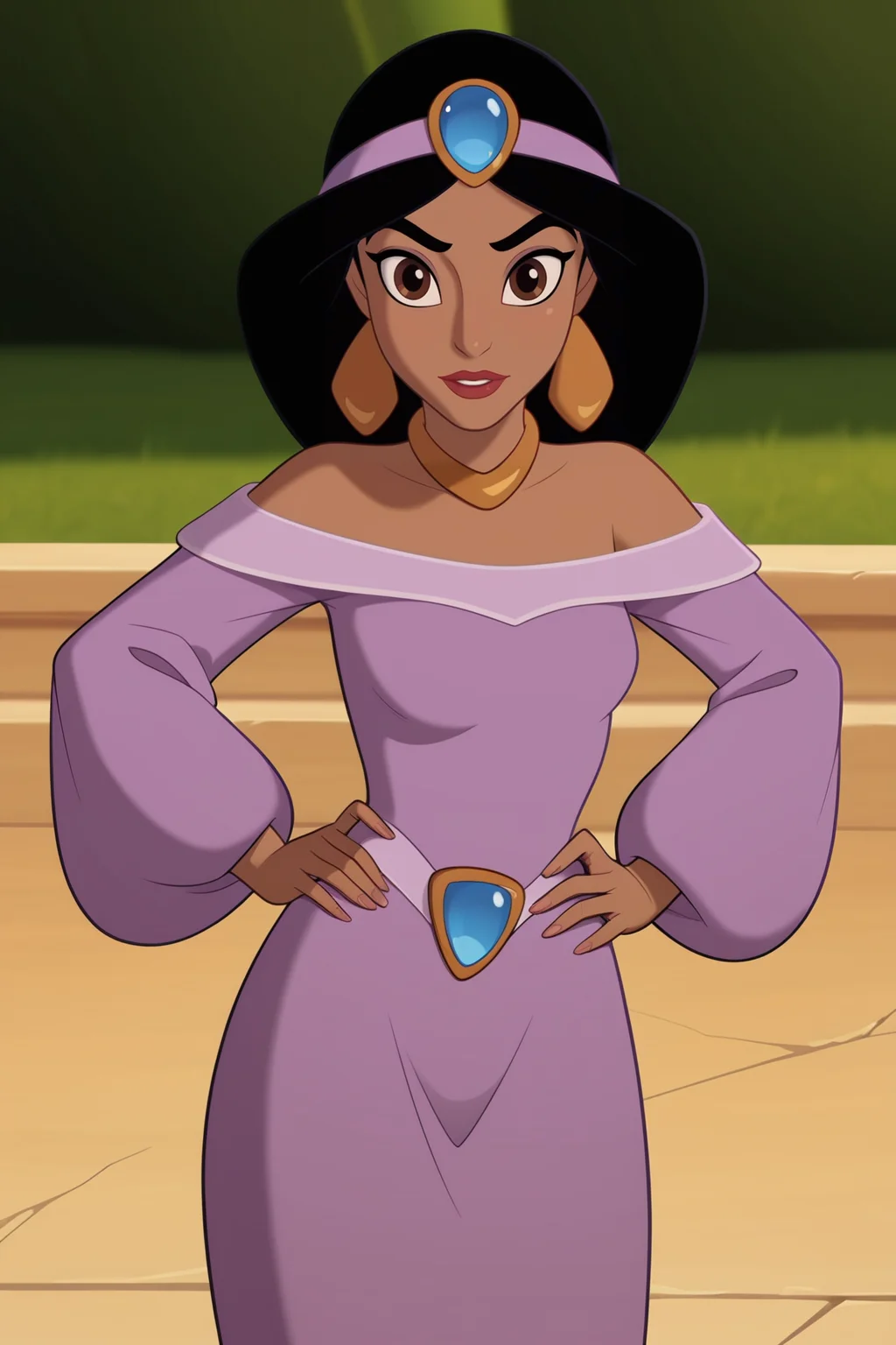 score_9, score_8_up, score_7_up, score_6_up, score_5_up, score_4_up, BREAK, <lora:Princess_Jasmine-000005:.7>, 1girl, Jasmine, dark skin, black hair, brown eyes, purple dress, off-shoulder dress, purple circlet, forehead jewel, multi-tied hair, gem, neck ring, standing, hands on hips, looking at viewer