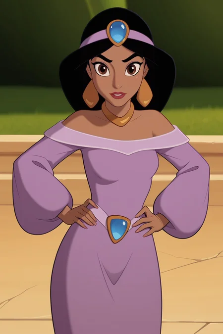 score_9, score_8_up, score_7_up, score_6_up, score_5_up, score_4_up, BREAK, <lora:Princess_Jasmine-000005:.7>, 1girl, Jasmine, dark skin, black hair, brown eyes, purple dress, off-shoulder dress, purple circlet, forehead jewel, multi-tied hair, gem, neck ring, standing, hands on hips, looking at viewer