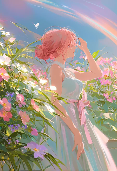 <lora:sd_xl_dpo_lora_v1-128dim:1>,original,(masterpiece),(illustration),(extremely fine and beautiful),perfect detailed,photorealistic,(beautiful and clear background:1.25),(depth of field:0.7),(cute:1.35),(beautiful face:1.3),(detailed beautiful eyes:1.3),outdoor,flower garden,many flowers,butterflies fly around,sunny,<lora:reikoXL128dim:0.7>,1girl,pink hair,white dress,cowboy_shot,, best quality, masterpiece,