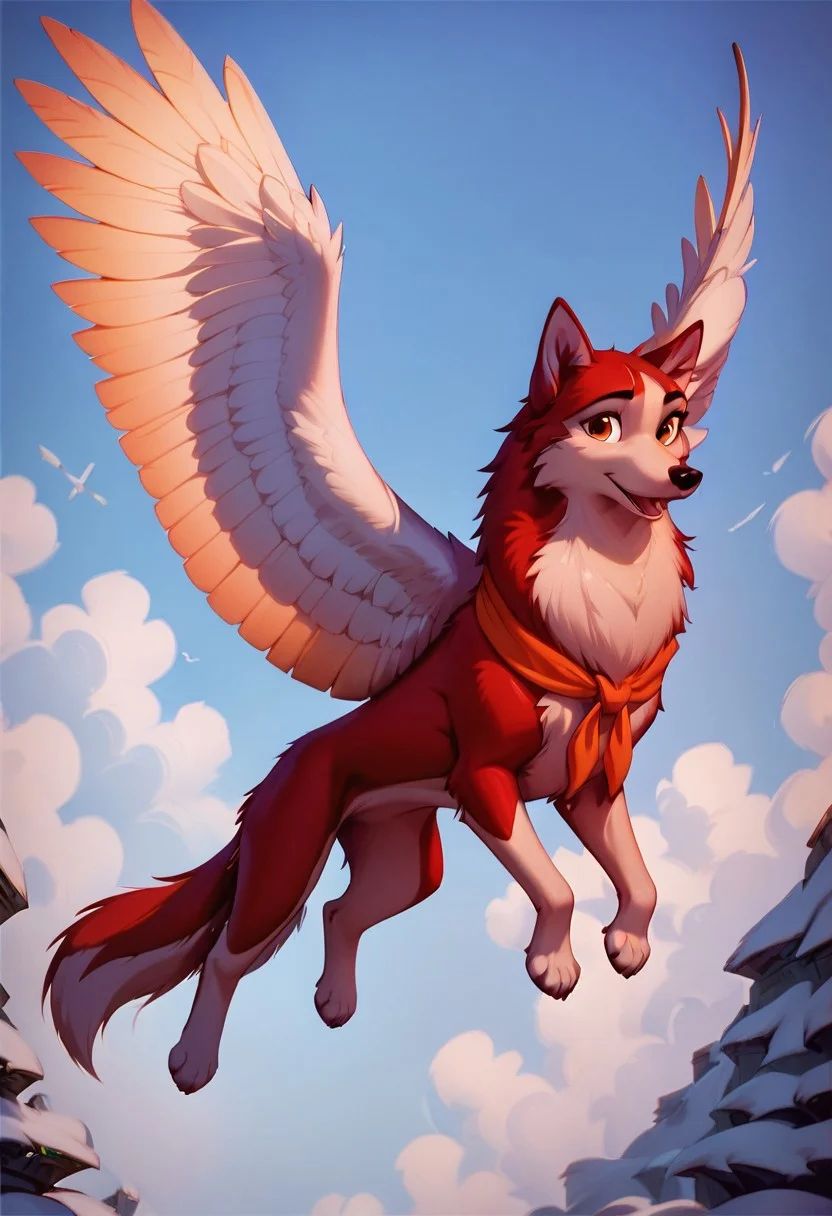 score_9, score_8_up, score_7_up, score_6_up, score_5_up, score_4_up, Jenna, orange eyes, two tone fur, red fur, canine, orange neckerchief, girl, neck fluff, feral, digitigrade, quadruped, detailed, beautiful, 1 boy, 1 girl, masterpiece, gorgeous, cute, angel wings, flying, looking back, front view, sky, tummy,