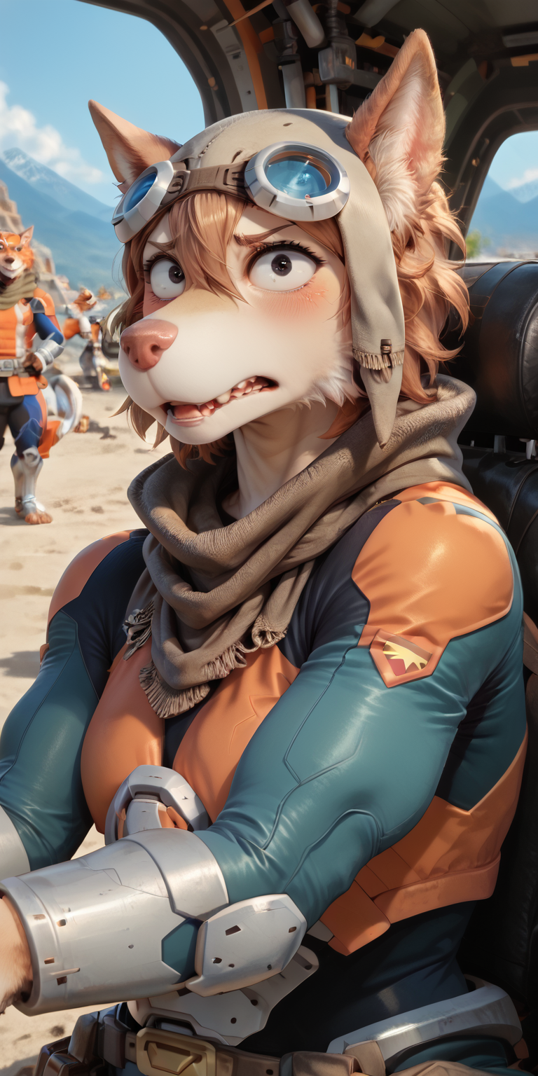 score_9, score_8_up, score_7_up, ultra quality, smooth outlines, (detailed skin), <lora:add-detail-xl:1.7>, anatomically correct, <lora:Expressive_H:0.7> Expressiveh,
beautiful eyes,(Highly detailed face, Highly detailed eyes, Highly detailed textures, intricate details),
EyesHD <lora:Eyes_High_Definition (2):0.5>,
(Anime style face),
BREAK
1girl, female furry, anthro, <lora:Captain_Olia_Voltron_Legendary_Defender_COMMISSION:1>, olia_voltron_gogglesON, canide, golden fur, brown animal ears, brown hair, black eyes, small yellow tattoos on each cheeks, claws, long tail, pilot helmet and goggles, brown scarf, green and orange suit, pocket belt, (blush, afraid), 
(looking at viewer:1.4), pose, outdoor,
brightly lit, sharp focus, perfect lighting, realistic lighting, well lit subject, irl, (photorealistic:1.2), <lora:KFT_Furropean_Extreme_V2:0.5> kftenhance,
BREAK
, <lora:cervina-guy-PONYv1:1> <lora:Furryfication Slider_alpha1.0_rank4_noxattn_last:0.7> <lora:Ngamaru_Pony_V1:0.7> <lora:Scalie:0.8> <lora:Better_caninefeline_mouth:0.9> <lora:fluffy:1> <lora:DetailedPerfect_hands_r1:0.6>,
BREAK
zPDXL3 <lora:xl_more_art-full_v1:1><lora:Hyper-SD15-2steps-lora:1><lora:Hyper-SD15-2steps-lora:1>