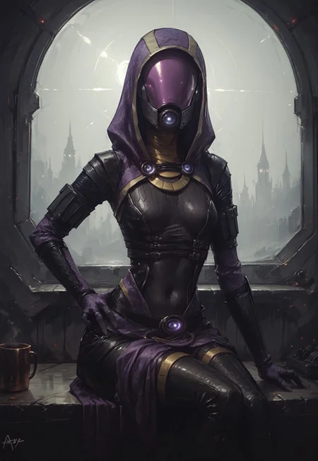 ((zPDXL3)), ((zPDXLxxx)), (score_9), score_8_up, score_7_up, score_6_up, score_5_up, score_4_up, BREAK, 1girl, solo, source_furry, by aqe, tali, tali'zorah, alien, alien humanoid, humanoid, quarian, 3 fingers, armor, black clothing, bodysuit, clothed, clothing, female, fingers, headgear, helmet, hood, not furry, eyeless, detailed background, spacecraft, skinsuit, solo, tight clothing, hand on hip, pose, pose, cute pose, pinup, wide hips, medium breasts, <lora:talizorah_pdxl_:1>, spaceship, sitting, supermodel , slim, ab_crack, thighhighs, armlet, linea alba, teardrop breasts,
<lora:d4rk01lXLP:0.55>