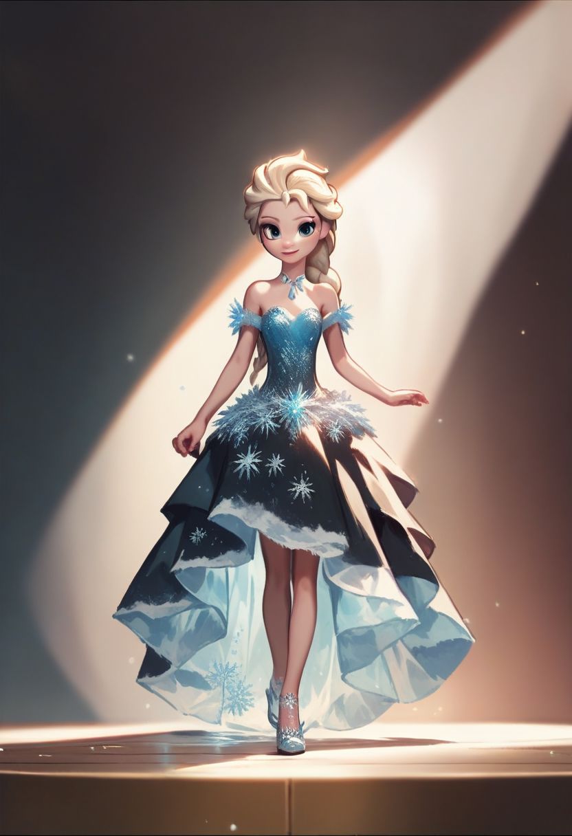 score_9, score_8_up, score_7_up, score_6_up, best quality, highres, source_anime, (cute doodle), solo, black backgruond, light, (elsa from frozen), young, black short, black dress, stage, fashion day, catwalk, walking, elegant, (ice dress)