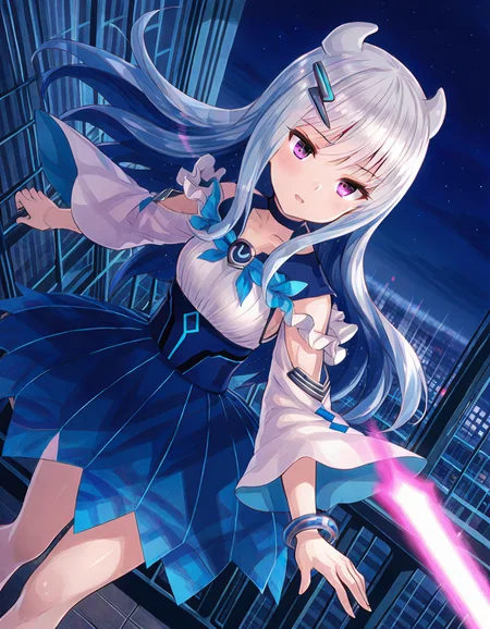 hiiragi sakurako, beam saber, solo, motion blur, speed lines, dutch angle, night, <lora:20241207153534_eternal_sakura_animagine-xl-3.1:0.6>