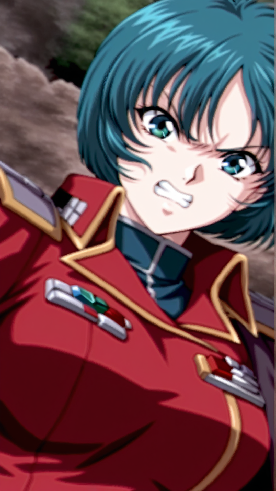 source_anime, general, best quality, masterpiece, 1girl,  <lora:Elis_Radius_ill_v1.0:1> elis_radius\(srw\),green eyes, green hair , short hair,aqua hair, blue hair, blue eyes,military uniform, red jacket,angry,  dynamic pose, dutch angle,